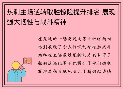 热刺主场逆转取胜惊险提升排名 展现强大韧性与战斗精神
